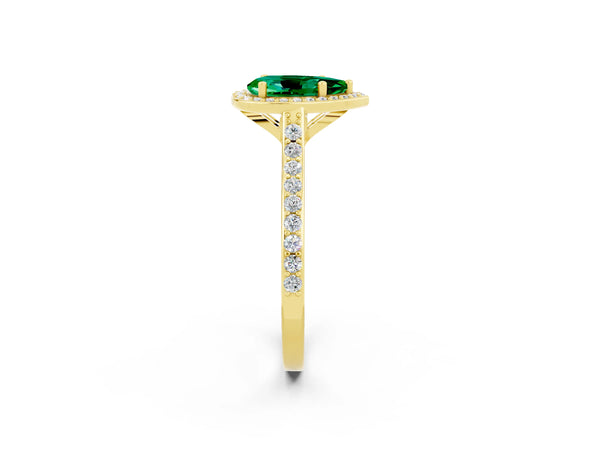 Yellow gold Pear Cut Emerald Halo Engagement Ring with Round Pavé Shoulders and Prong Setting