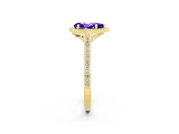 Yellow gold Pear Cut Tanzanite Halo Engagement Ring with Round Pavé Shoulders and Prong Setting
