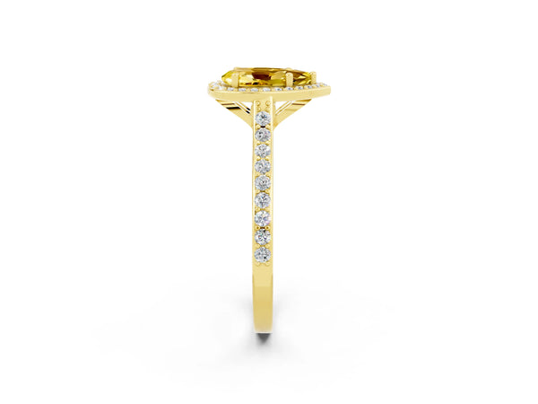 Yellow gold Pear Cut Yellow Sapphire Halo Engagement Ring with Round Pavé Shoulders and Prong Setting