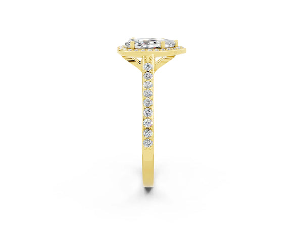 Yellow gold Pear Cut Moissanite Halo Engagement Ring with Round Pavé Shoulders and Prong Setting