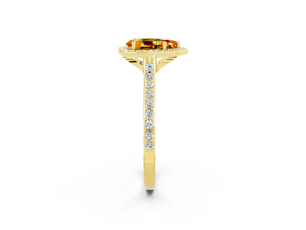 Yellow gold Pear Cut Citrine Halo Engagement Ring with Round Pavé Shoulders and Prong Setting