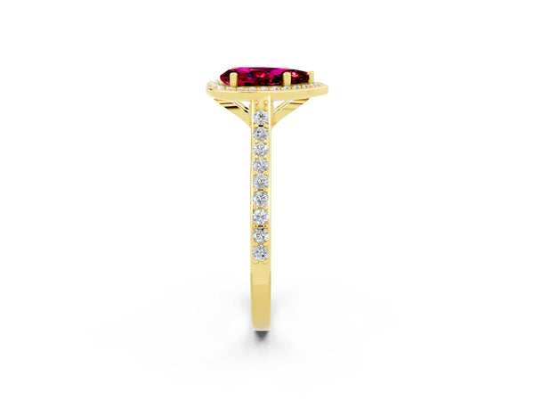 Yellow gold Pear Cut Garnet Halo Engagement Ring with Round Pavé Shoulders and Prong Setting