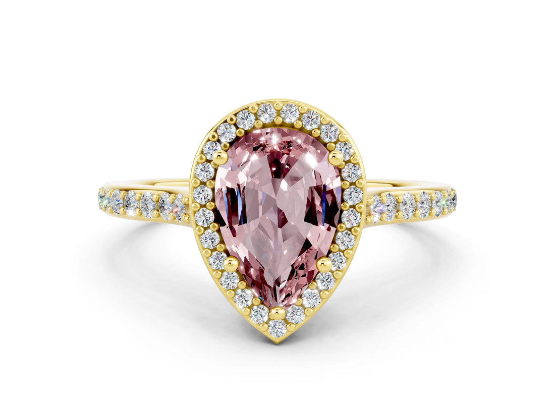Yellow gold Pear Cut Halo Round Diamond Pavé Band with Four-Prong Setting