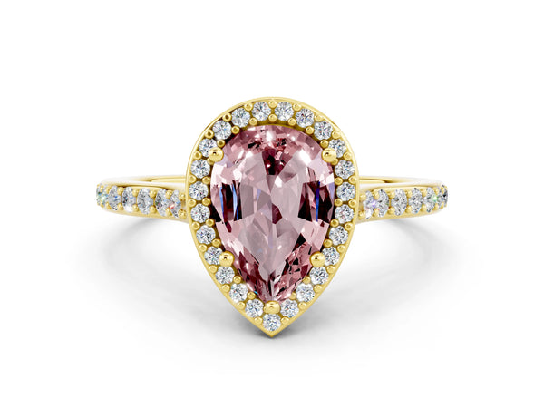 Yellow gold Pear Cut Halo Round Diamond Pavé Band with Four-Prong Setting