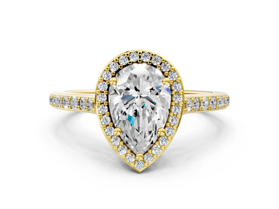 Yellow gold Pear Cut Halo Round Diamond Pavé Band with Four-Prong Setting