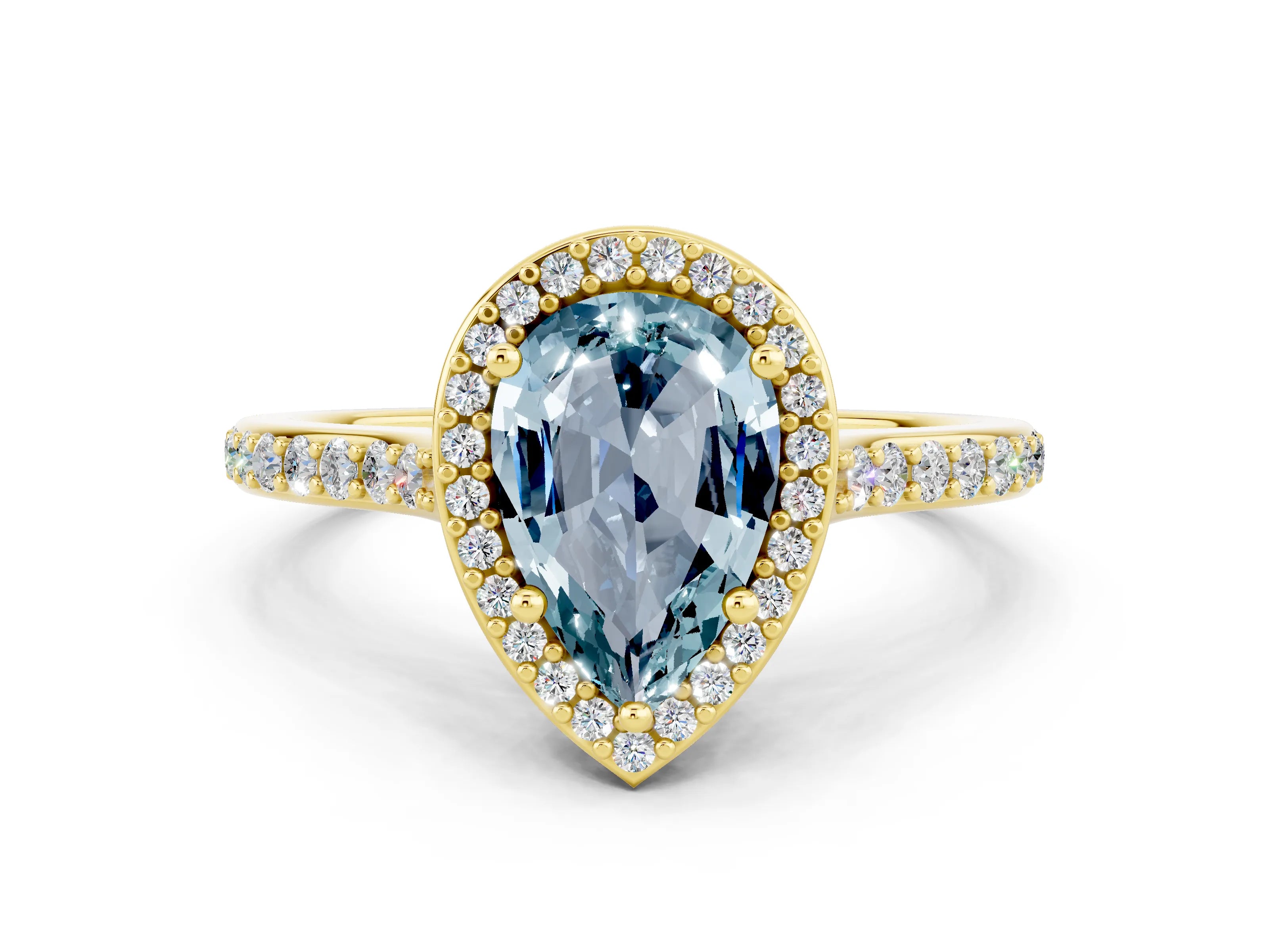 Yellow gold Pear Cut Halo Round Diamond Pavé Band with Four-Prong Setting