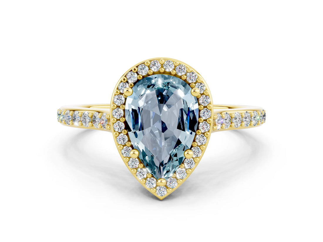 Yellow gold Pear Cut Halo Round Diamond Pavé Band with Four-Prong Setting