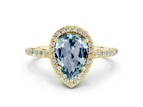 Yellow gold Pear Cut Halo Round Diamond Pavé Band with Four-Prong Setting