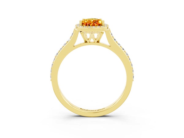Yellow gold Pear Cut Citrine Halo Engagement Ring with Round Pavé Shoulders and Prong Setting