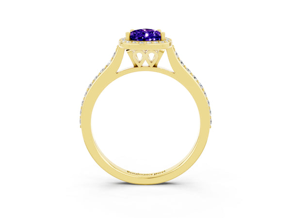 Yellow gold Pear Cut Tanzanite Halo Engagement Ring with Round Pavé Shoulders and Prong Setting