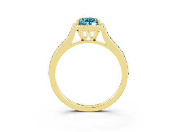 Yellow gold Pear Cut Halo Round Diamond Pavé Band with Four-Prong Setting