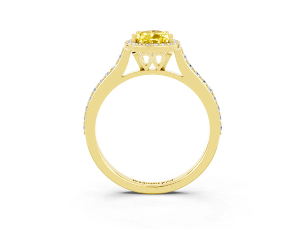 Yellow gold Pear Cut Yellow Sapphire Halo Engagement Ring with Round Pavé Shoulders and Prong Setting
