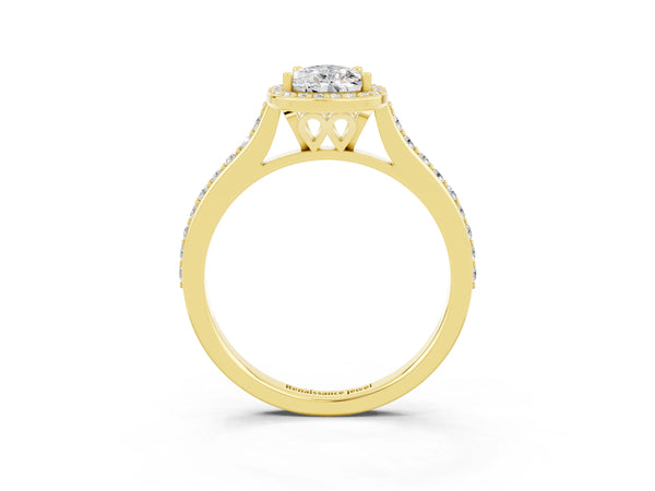 Yellow gold Pear Cut Moissanite Halo Engagement Ring with Round Pavé Shoulders and Prong Setting