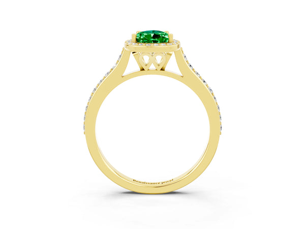 Yellow gold Pear Cut Emerald Halo Engagement Ring with Round Pavé Shoulders and Prong Setting