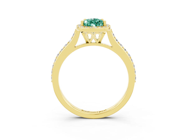 Yellow gold Pear Cut Green Sapphire Halo Engagement Ring with Round Pavé Shoulders and Prong Setting
