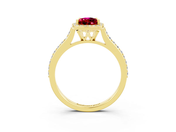Yellow gold Pear Cut Garnet Halo Engagement Ring with Round Pavé Shoulders and Prong Setting