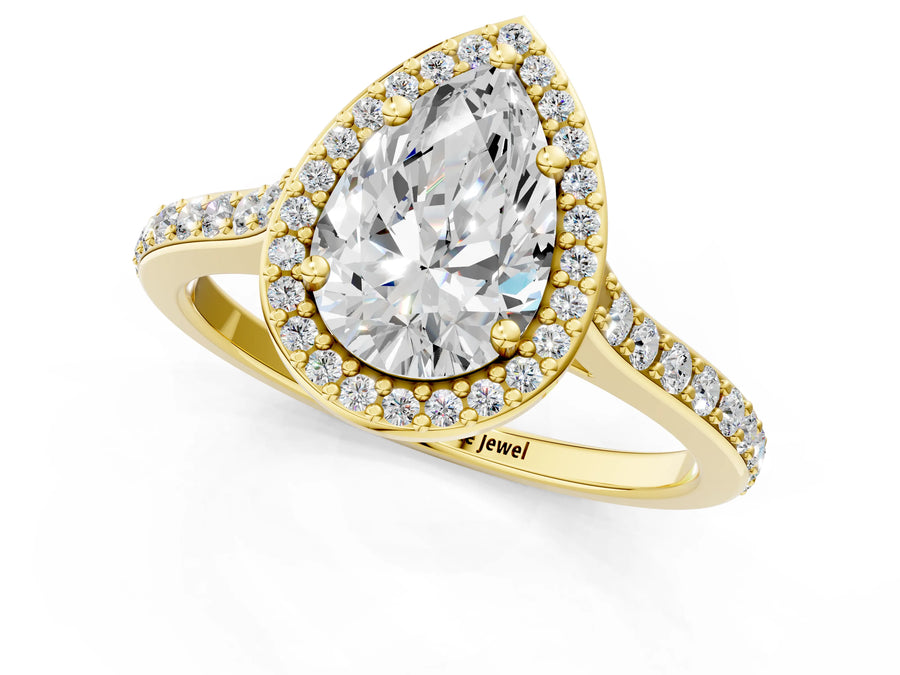 Yellow gold Pear Cut Halo Round Diamond Pavé Band with Four-Prong Setting