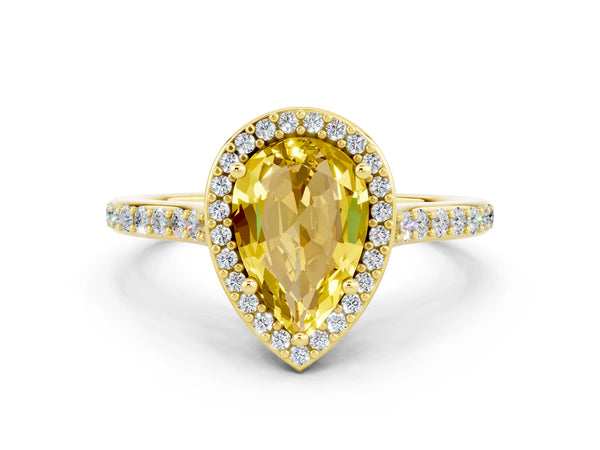 Yellow gold Pear Cut Yellow Sapphire Halo Engagement Ring with Round Pavé Shoulders and Prong Setting
