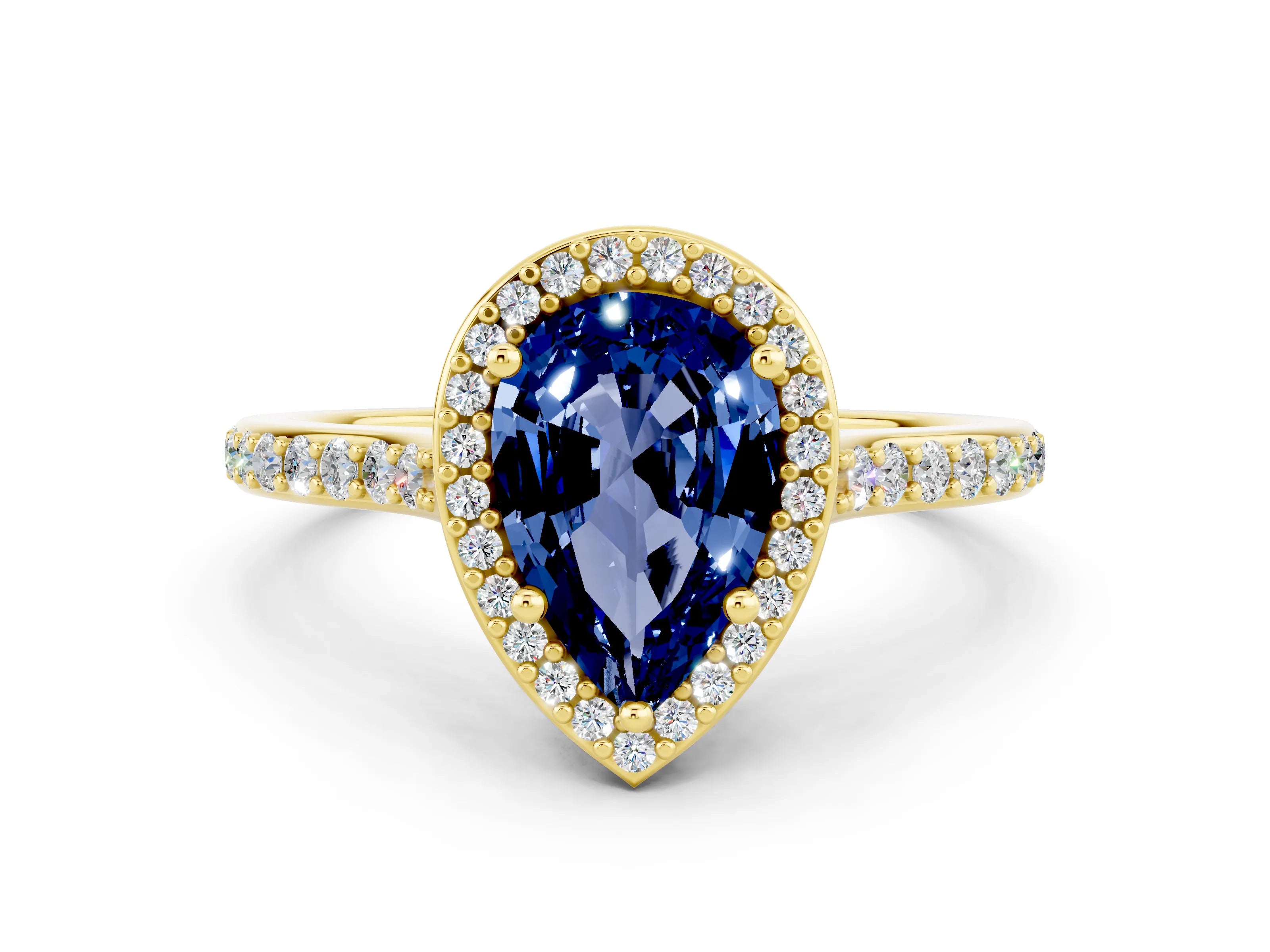 Yellow gold Pear Cut Halo Round Diamond Pavé Band with Four-Prong Setting