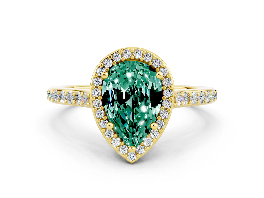 Yellow gold Pear Cut Halo Round Diamond Pavé Band with Four-Prong Setting