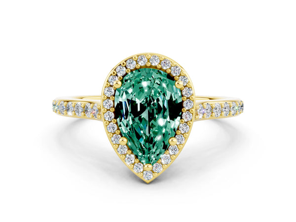 Yellow gold Pear Cut Green Sapphire Halo Engagement Ring with Round Pavé Shoulders and Prong Setting