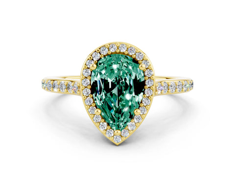 Yellow gold Pear Cut Halo Round Diamond Pavé Band with Four-Prong Setting