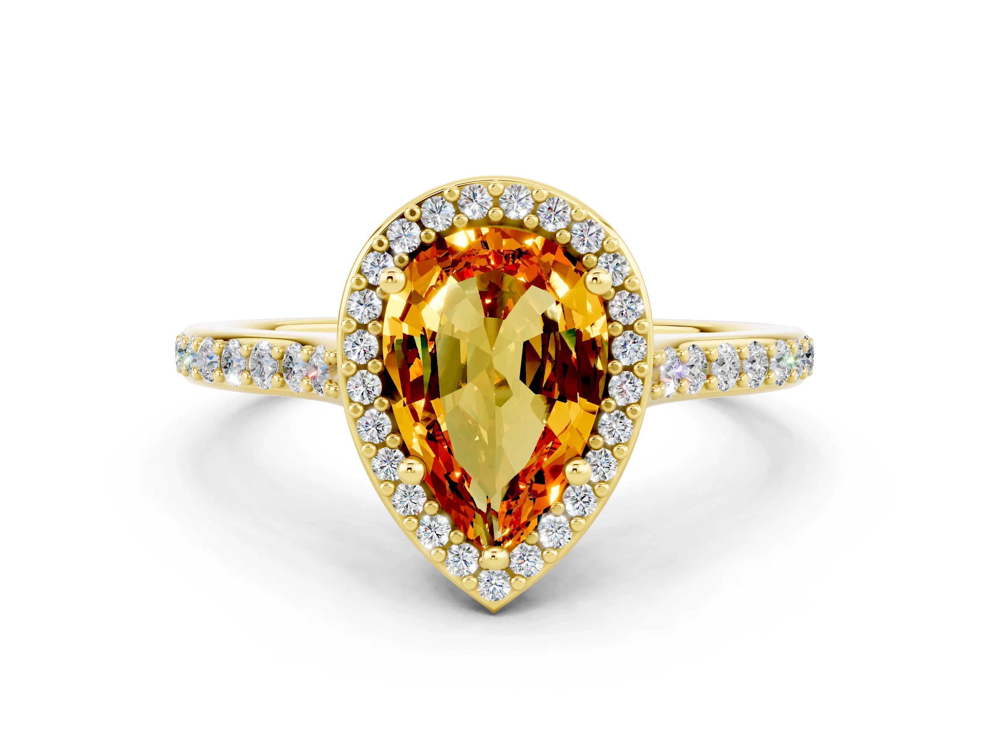 Yellow gold Pear Cut Halo Round Diamond Pavé Band with Four-Prong Setting