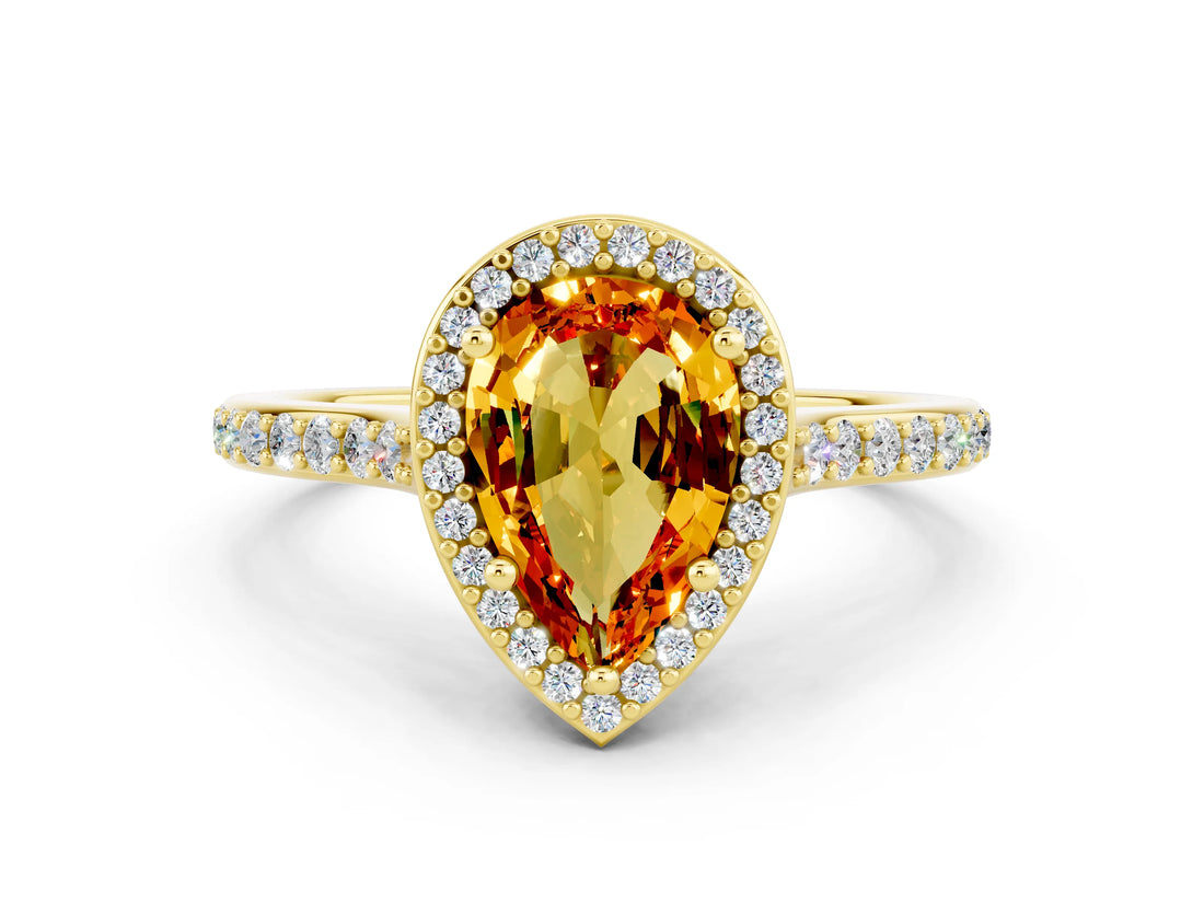 Yellow gold Pear Cut Halo Round Diamond Pavé Band with Four-Prong Setting