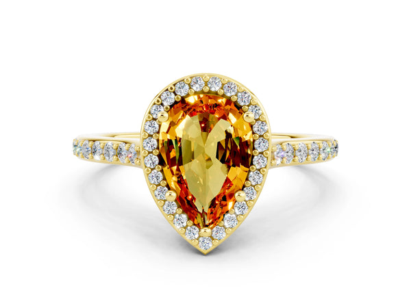 Yellow gold Pear Cut Citrine Halo Engagement Ring with Round Pavé Shoulders and Prong Setting