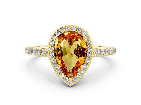 Yellow gold Pear Cut Halo Round Diamond Pavé Band with Four-Prong Setting