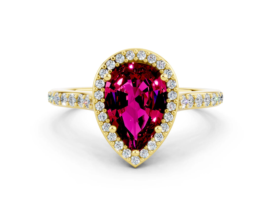 Yellow gold Pear Cut Halo Round Diamond Pavé Band with Four-Prong Setting