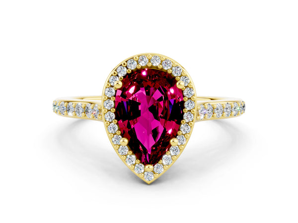 Yellow gold Pear Cut Garnet Halo Engagement Ring with Round Pavé Shoulders and Prong Setting