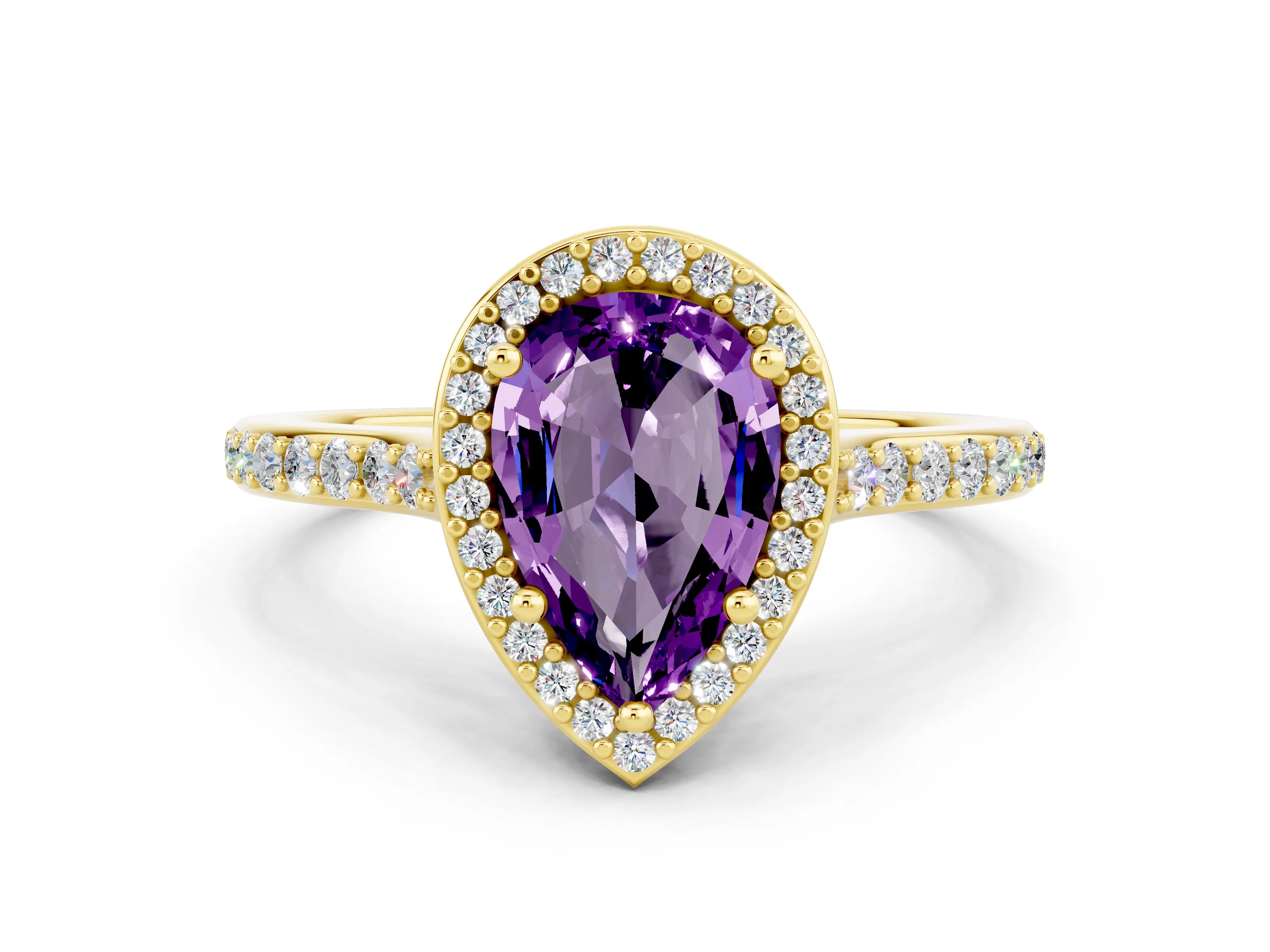 Yellow gold Pear Cut Halo Round Diamond Pavé Band with Four-Prong Setting