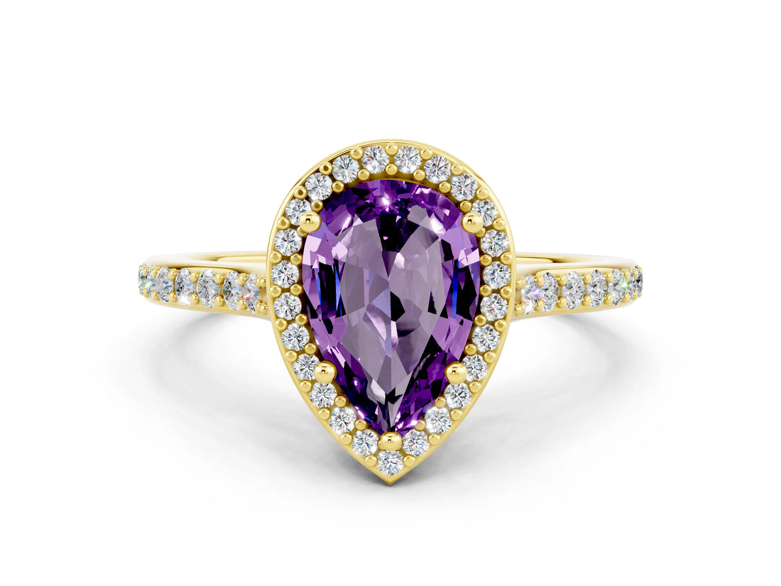 Yellow gold Pear Cut Halo Round Diamond Pavé Band with Four-Prong Setting