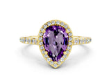 Yellow gold Pear Cut Halo Round Diamond Pavé Band with Four-Prong Setting