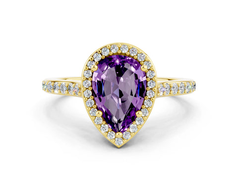 Yellow gold Pear Cut Halo Round Diamond Pavé Band with Four-Prong Setting