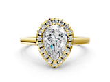 Yellow gold Pear Cut Halo Round Diamond Solitaire Ring with Pavé Band and Four-Prong Setting