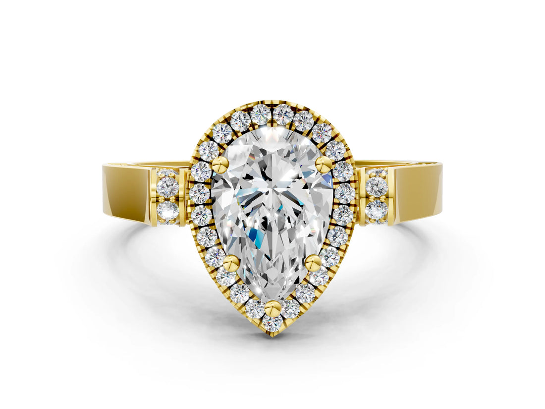 Yellow gold Pear Cut Halo Round Diamond Twist Band with Four-Prong Setting_15