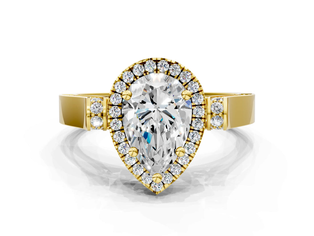 Yellow gold Pear Cut Halo Round Diamond Twist Band with Four-Prong Setting_3