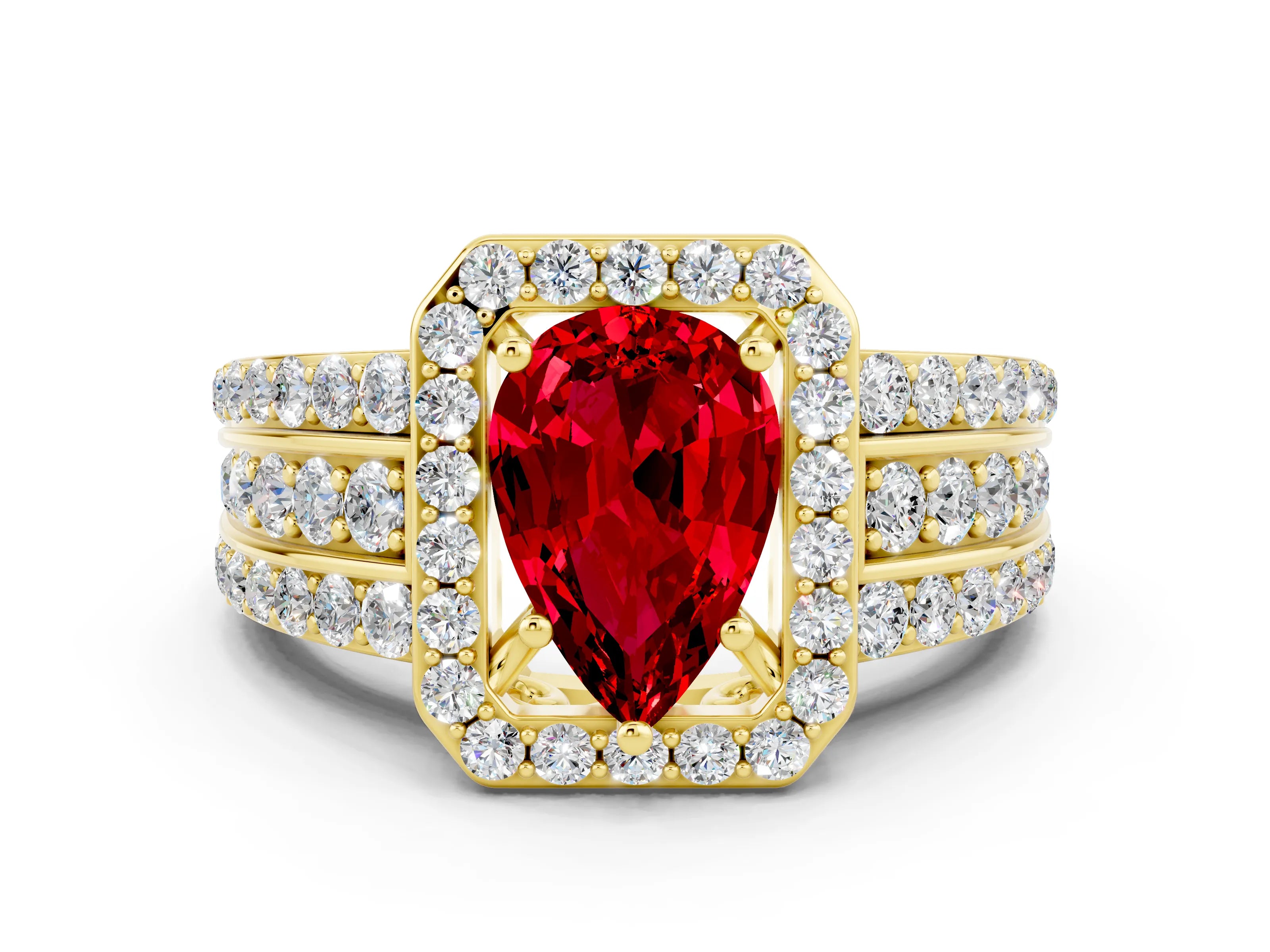 Yellow gold Pear Cut Halo Ruby Ring with Split Shank and Four-Prong Setting