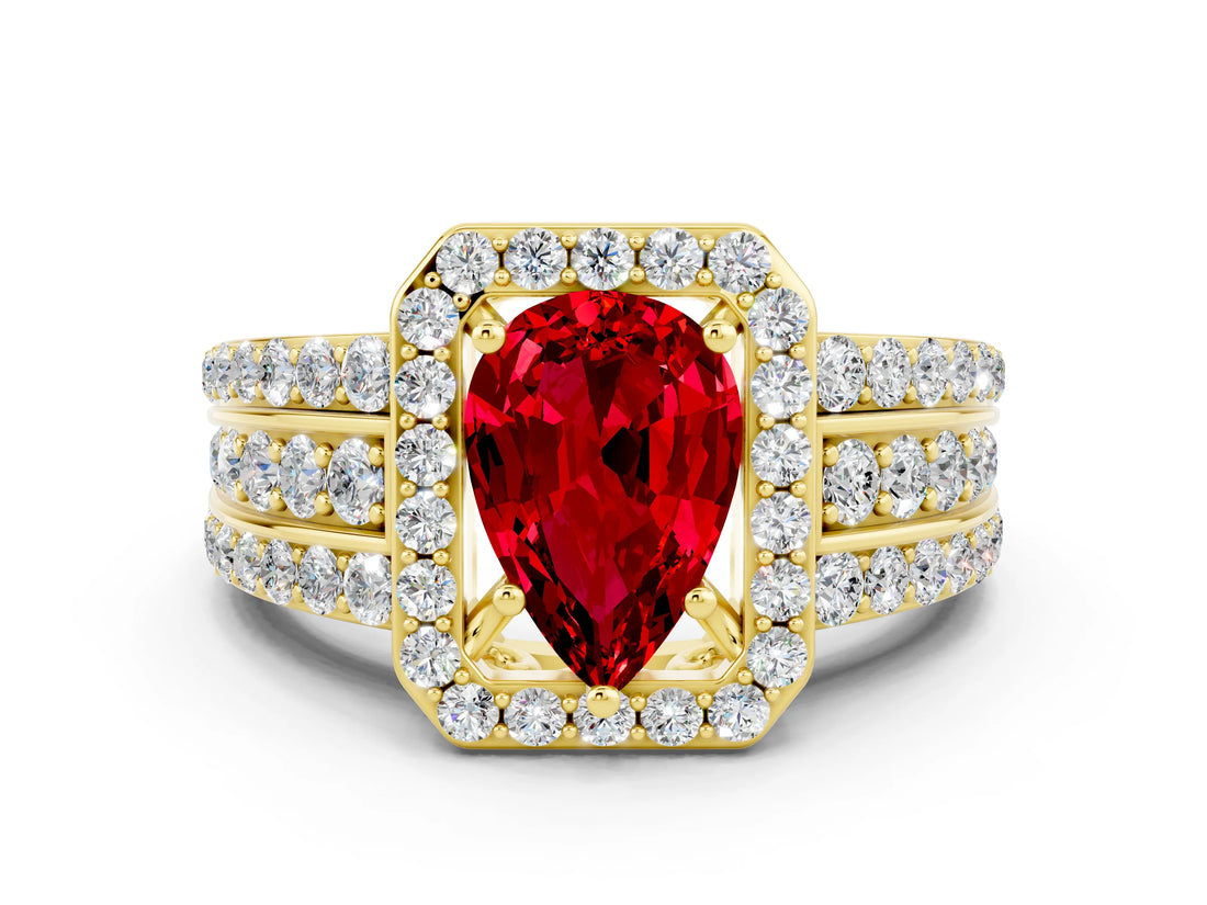 Yellow gold Pear Cut Halo Ruby Ring with Split Shank and Four-Prong Setting