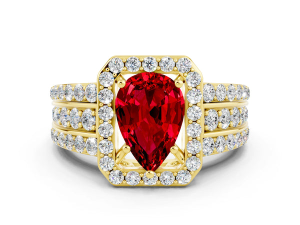 Yellow gold Pear Cut Halo Ruby Ring with Round  Split Shank and Prong Setting