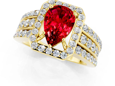 Yellow gold Pear Cut Halo Ruby Ring with Split Shank and Four-Prong Setting_1
