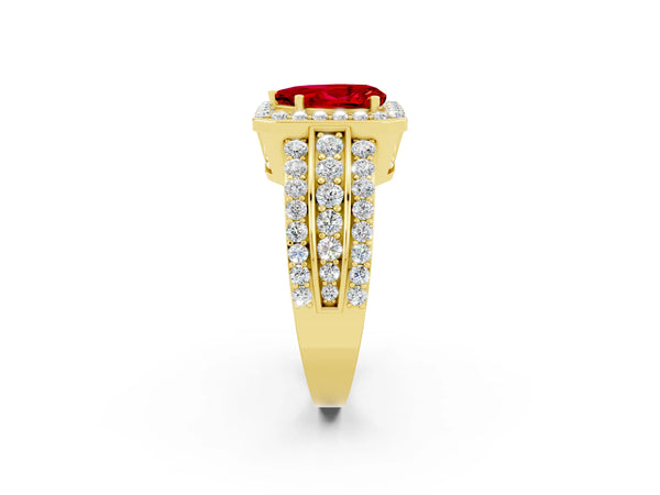 Yellow gold Pear Cut Halo Ruby Ring with Round  Split Shank and Prong Setting