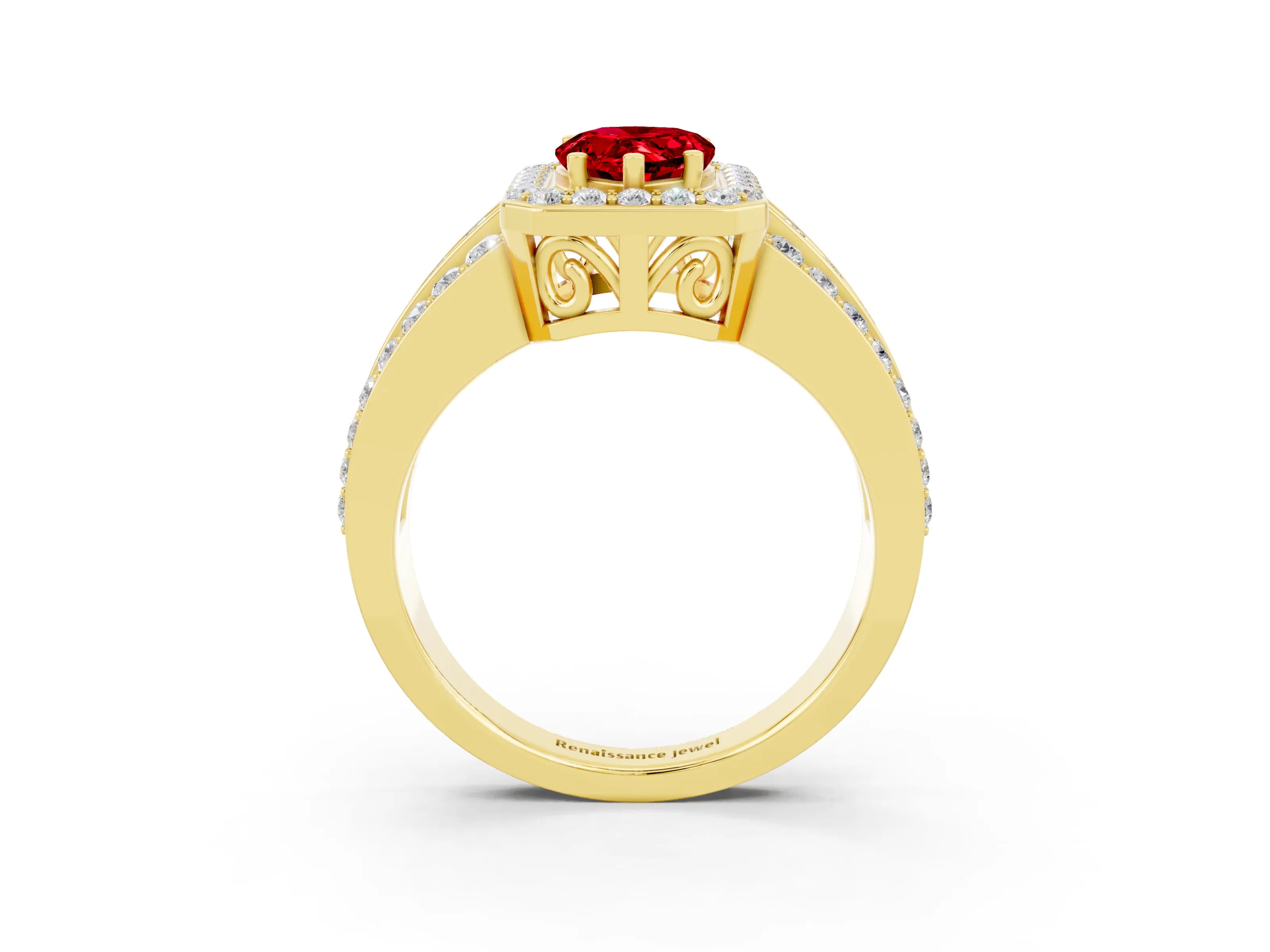 Yellow gold Pear Cut Halo Ruby Ring with Split Shank and Four-Prong Setting_3