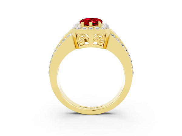 Yellow gold Pear Cut Halo Ruby Ring with Round  Split Shank and Prong Setting