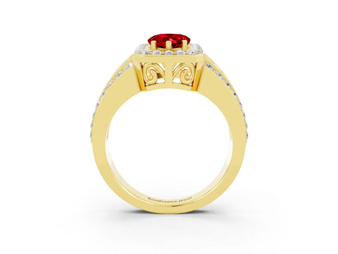 Yellow gold Pear Cut Halo Ruby Ring with Split Shank and Four-Prong Setting_3