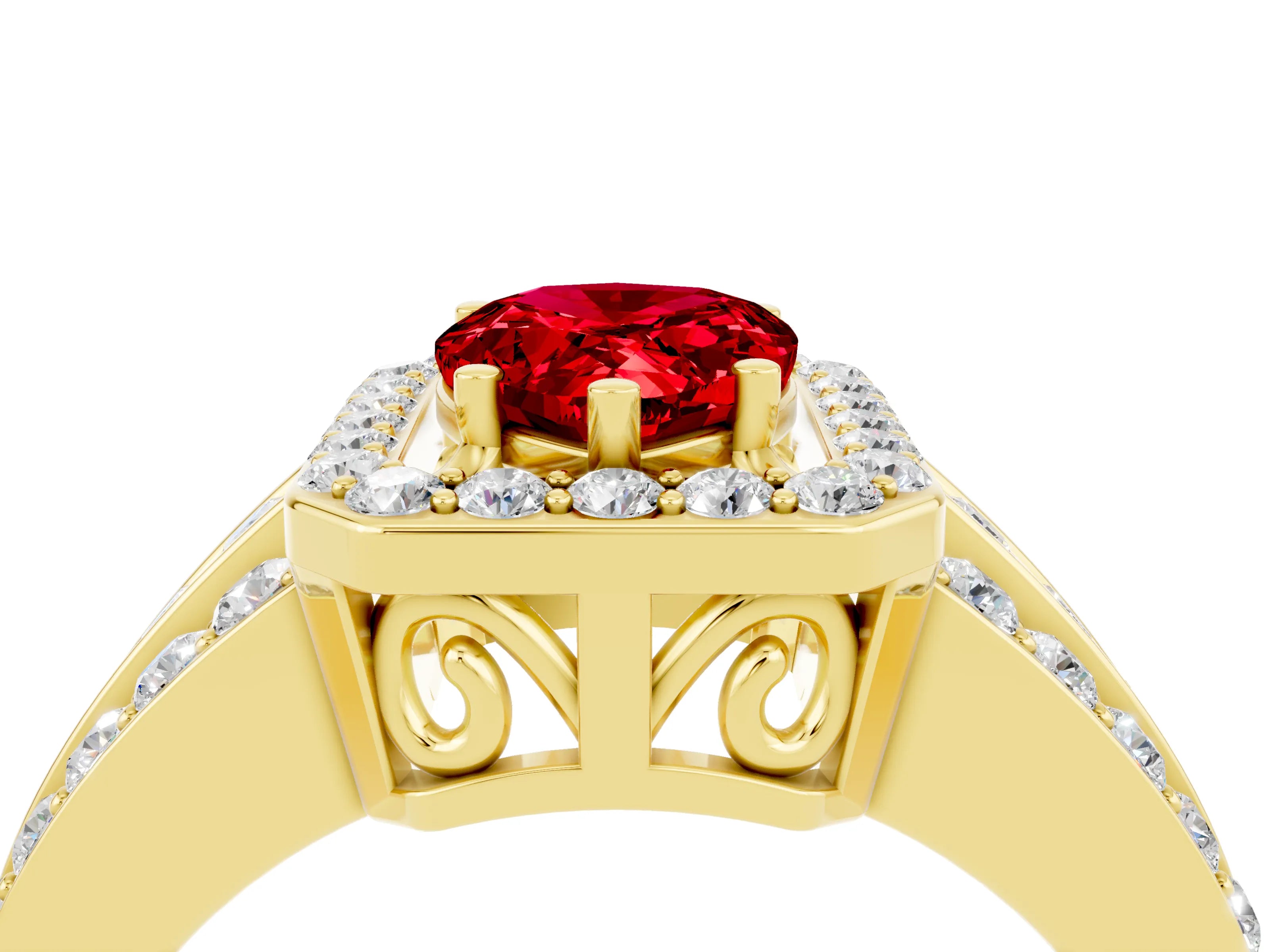 Yellow gold Pear Cut Halo Ruby Ring with Split Shank and Four-Prong Setting_4