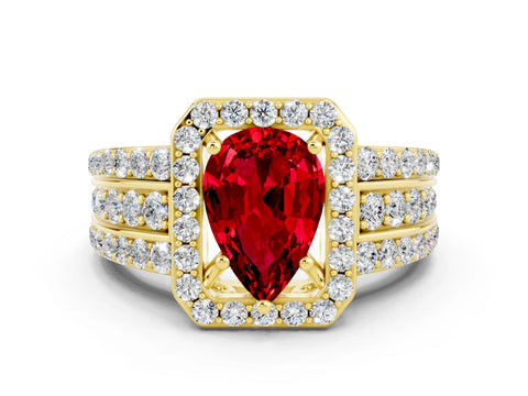 Yellow gold Pear Cut Halo Ruby Ring with Split Shank and Four-Prong Setting