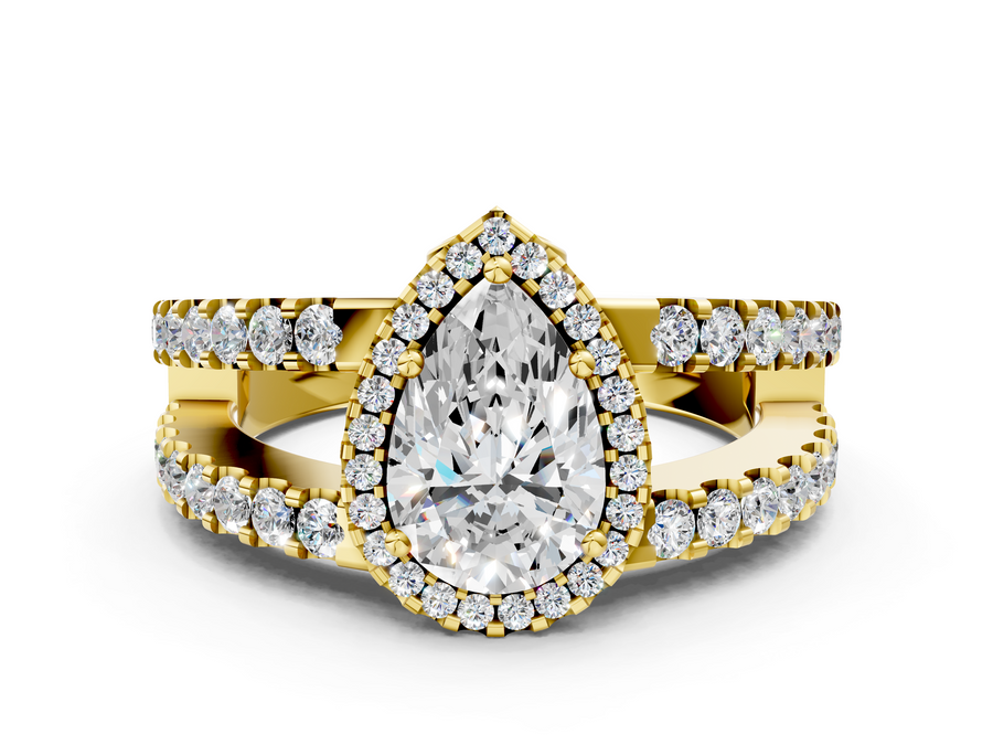 Yellow gold Pear Cut Halo Split Shank Diamond Ring with Four-Prong Setting